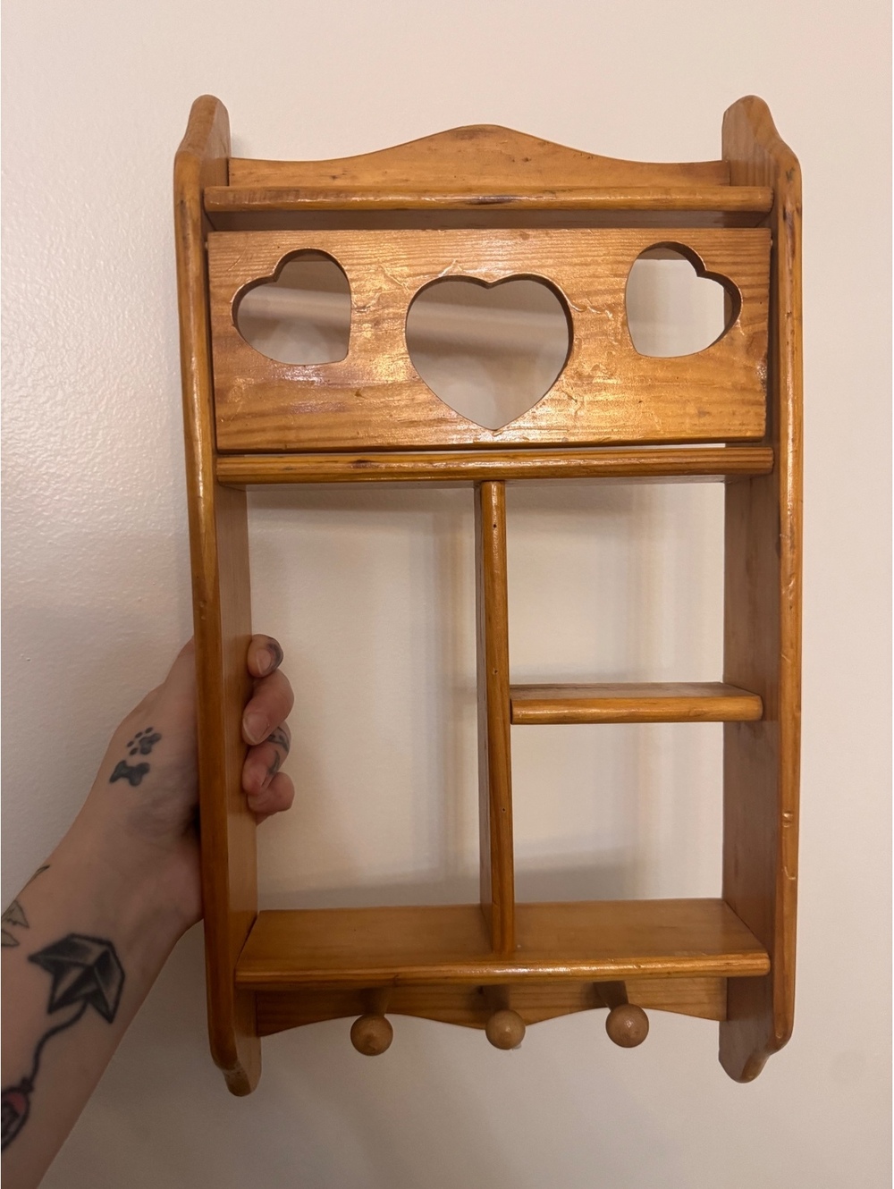Wooden Wall-Mount with Heart Cutouts and Shelves